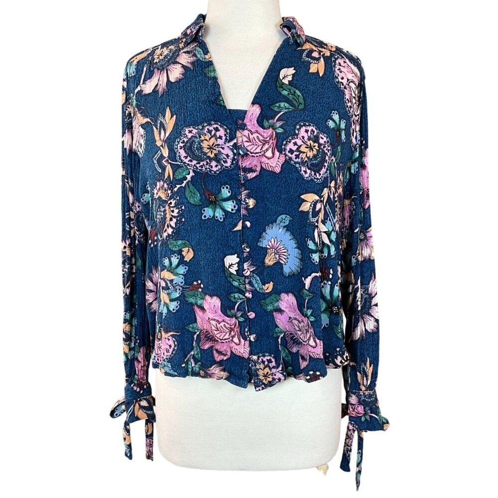 Vintage America Blues Floral Button-Up Blouse Tie Sleeves Vibrant Blues Pinks LG